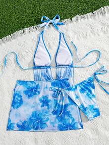 Swim Vcay 3pcs/Set Summer Vacation Sexy Floral Draped Neck Backless Drawstring Triangle Bikini Set With Ruched Slit Mini Skirt - Multicolor - View 2
