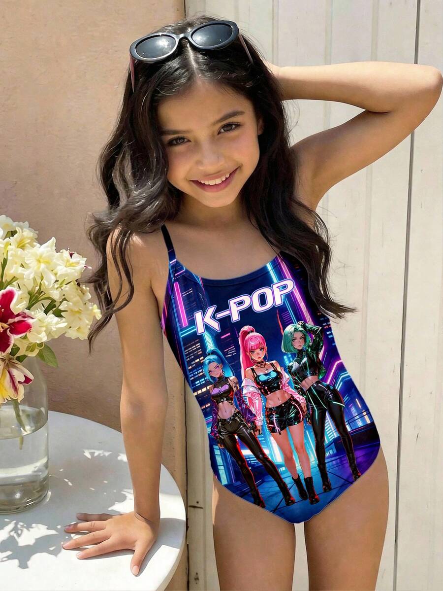 SHEIN Áo tắm liền thân in hình cô gái anime KPOP thời trang, hình hoạt hình cô gái K-POP, kiểu dáng tối giản, phù hợp cho mùa hè. - Nhiều màu - Xem 1