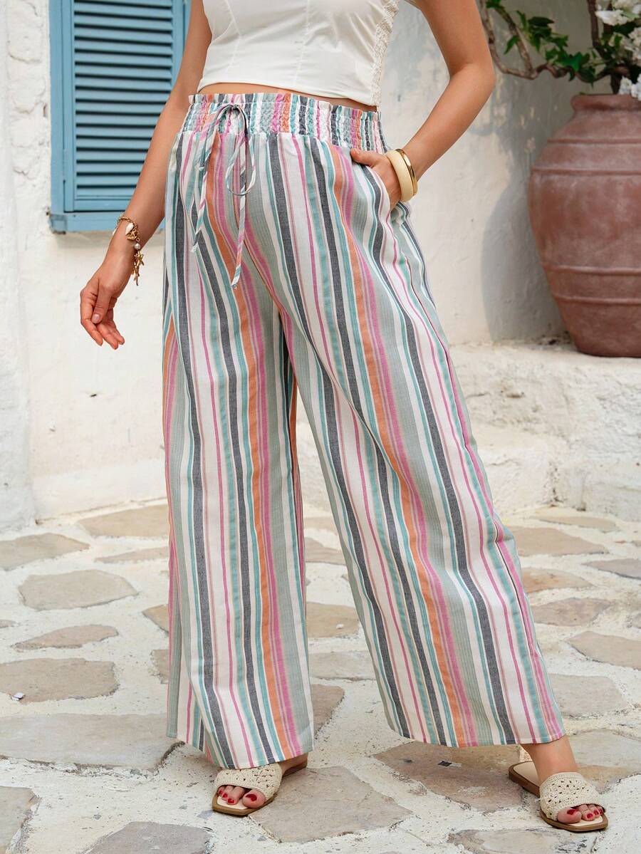 SHEIN Pink Maternity Casual Striped Print Wide Leg Pants For Women,High Waist Tie-Front Loose Bohemian Trousers Boho Long Holiday Beach Autumn Pants - Multicolor - View 1