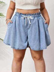SHEIN CURVE+ Celana Pendek Denim Kasual Longgar dengan Tali Serut di Pinggang untuk Wanita Ukuran Besar (Jorts) - Light Wash - View 7