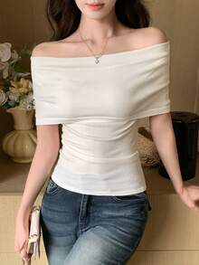 DAZY 女士纯色圆领七分袖休闲优雅针织上衣，秋冬夏季款 - 白色 - 查看 5