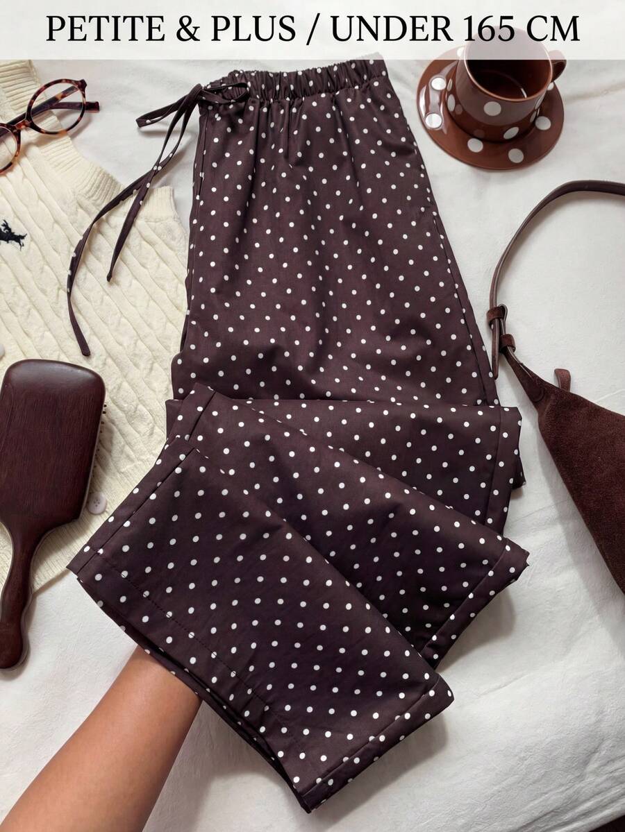 SHEIN PETITE CURVE 大码女式棕色波点印花系带阔腿裤 - 咖啡棕 - 查看 1