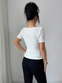 Elenzga Sexy Fitted Button-Up Short Sleeve T-Shirt, Spring/Summer Fabric With Vintage Button Texture - Apricot - View 2