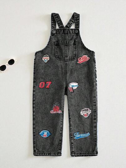 SHEIN Streecool Kids New Arrival Vintage Washed Blue Denim Jumpsuit For Boys, Adjustable Button Design, Soft Cotton Fabric, Comfortable For Autumn/Winter, Suitable For Daily Wear, School, Gathering, Home, Vacation, Back To School Season, Holiday