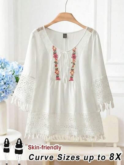 SHEIN CURVE+ Áo sơ mi nữ dáng ôm US22, thích hợp cho lễ hội âm nhạc, kỳ nghỉ bên bờ biển, họa tiết hoa, phối ren phía trước, kiểu dáng thường ngày, hơi xuyên thấu, thích hợp mặc đi chơi.