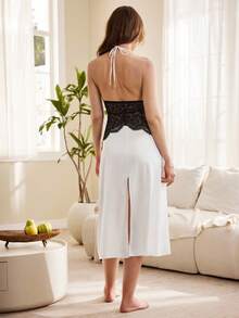 Moireta Women's Sexy Elegant Contrast Lace Backless Halter Nightgown, Summer - Black and White - View 2