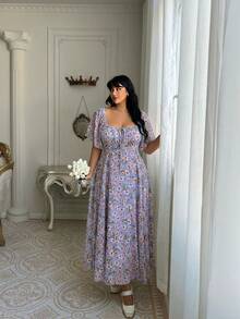 Lyrianda Vestido de verano romántico con estampado floral diminuto para mujer de talla grande en estilo casual de vacaciones - Azul - Ver 3