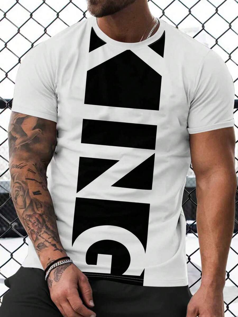 Manfinity Roughcore Men's Geometric Print Round Neck Short Sleeve Casual T-Shirt - White - View 1