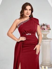 Coutiva Women's Plus Size Elegant Rhinestone One-Shoulder Split Formal Evening Gown,Red Winter Sequin Mermaid Fishtail Dress For Dinner Wedding Gala Party - Red - View 4