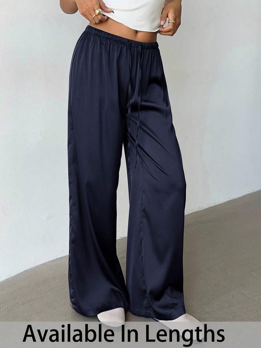 SHEIN Tall CURVE 大码女式休闲抽绳腰宽松阔腿裤,纯色,适合日常通勤 - 藏蓝色 - 查看 1