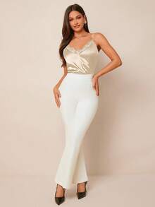 Amorya 女士优雅撞色蕾丝领缎面吊带背心，百搭款式，春夏秋冬皆宜，返校季、 ... - 杏色 - 查看 4