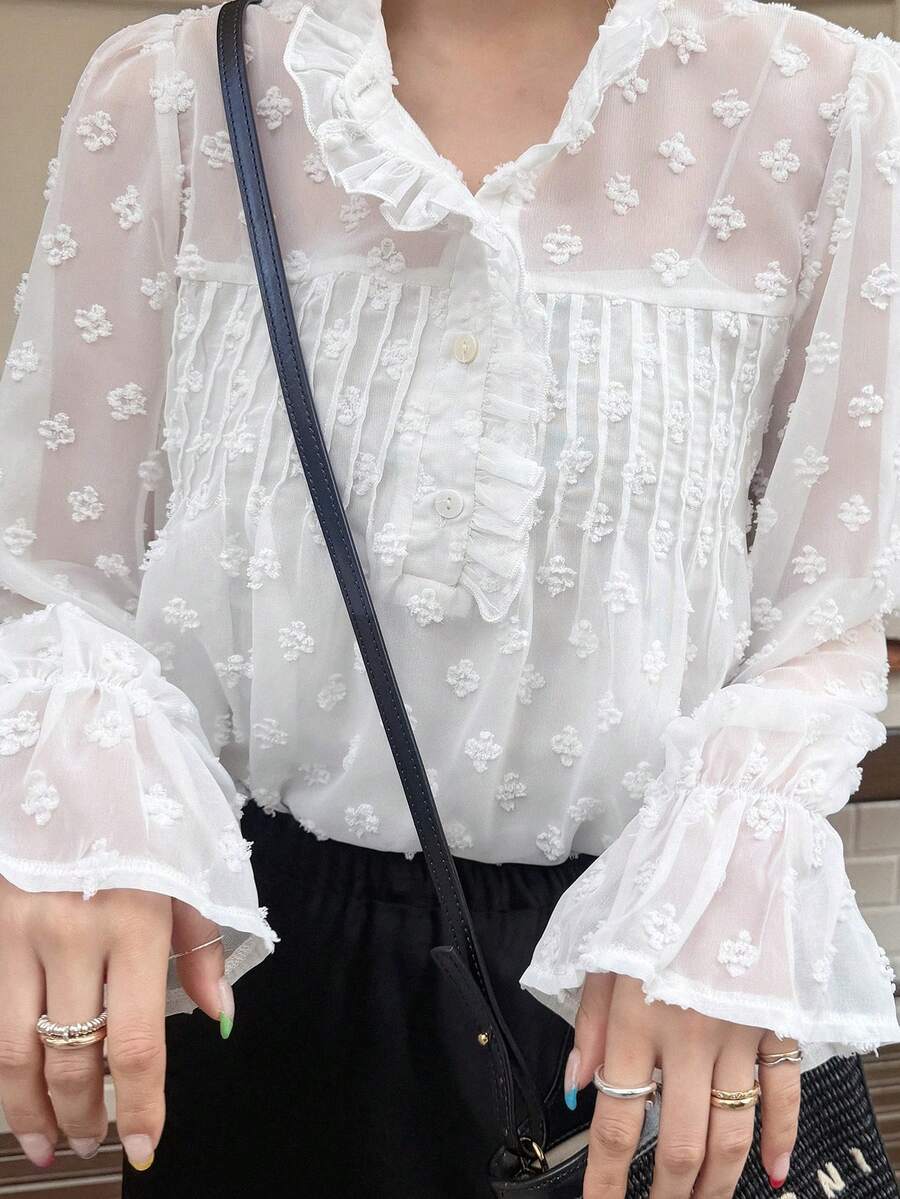 FRIFUL Women's Mock Neck Ruffle Trim Textured Fabric Lantern Sleeve Casual Blouse - White - View 1