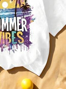 春夏女童及青少年休闲时尚创意个性清新简约椰树、日落、海浪、泼墨涂鸦、标语印花基础款短袖T恤，舒适日常穿着 - 白色 - 查看 4