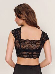 lacRébo Summer Black Lace Bra Top With Scalloped Square Neckline Short Cap Sleeves Sheer Floral Fabric Cute French Parisian Style Lingerie - Black - View 6