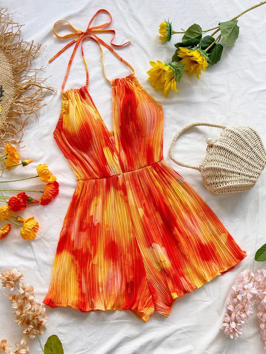 Soleia 扎染花卉印花 V 领露背连体裤，带腰部抽绳，女式，度假风格 - 彩色 - 查看 1