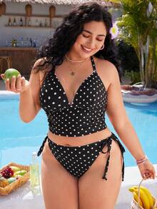Swim Mod Women's Polka Dot Print Sweet Beach Halter Neck Bikini Set, Plus Size, Spring/Summer - Multicolor - View 3