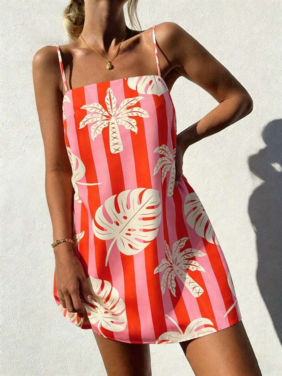 Vaclyn Đầm slip nữ họa tiết cây nhiệt đới kẻ sọc, kiểu dáng thường ngày, thích hợp cho kỳ nghỉ. - Nhiều màu - Xem 1