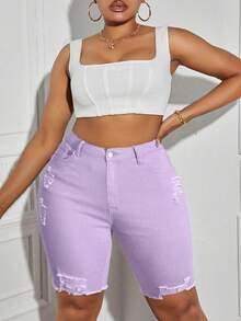 Slaydiva Shorts vaqueros versátiles y desgastados de talla grande - Morado - Ver 6