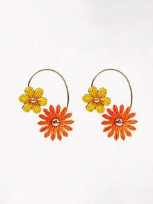 Opalesca 1 Pair Fashionable Handmade Woven Raffia Texture Line Geometric Flower Hoop Earrings, Fresh Colorful Raffia Texture Line Floral Earrings Suitable For Women Daily, Holiday, Party Wear - Orange - View 2