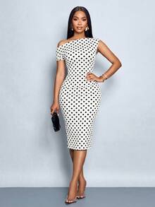SOLERSUN Women's Fashionable Dress, Off Shoulder Fitted Dress, Asymmetrical Pleats, Polka Dot Pattern, Suitable For Everyday Wear. - Multicolor - View 5