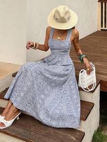 DAZY Casual Textured Midi Dress For Women, Suitable For Spring & Summer Vacation Boho Sun Dresses For Women - Blue - View 5