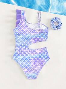 SHEIN Tween Girl Fish Scales Print Ruffle Trim Cut Out One Piece Swimsuit - Multicolor - View 2