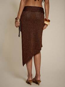SHEIN BAE 休闲度假风不对称荷叶边系带女式毛衣裙 - 咖啡棕 - 查看 2