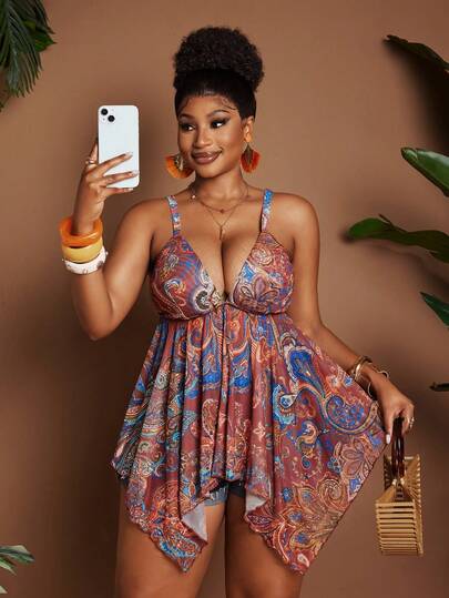 Maweii Plus Size Paisley Print Stretchy Mesh Camisole, Suitable For Island Vacation, Casual Leisure, Daily Wear