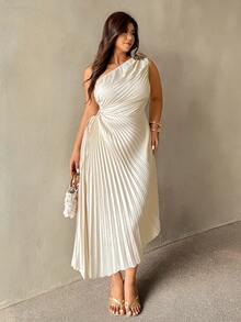 Auralis Damen Weißes Sommer Elegantes Hochzeitsgast Urlaubs Plissee Kleid, Ein-Schulter Ausgeschnittene Taille Metall Schnalle Asymmetrischer Saum Luxus Party Kleid - Aprikosenfarben - Übersicht 7