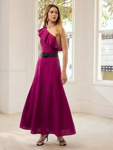 MOTF PREMIUM Đầm dài nữ chất liệu linen, thiết kế lệch vai, viền bèo nhún, không kèm thắt lưng, mùa xuân/hè. - Màu tím - Xem 5