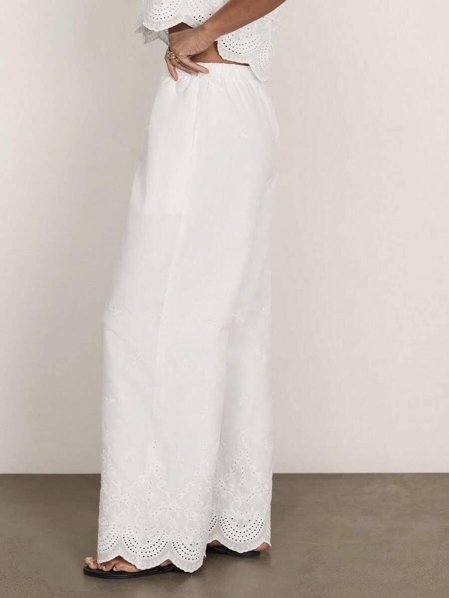 COSMINA Women's Elegant White Classy Embroidered Wide Leg Pants,Autumn Beach Holiday Palazzo Trousers,Versatile Office Casual Bohemian Linen Summer Pants - White - View 1