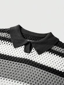 ROMWE MEN Street Life Men's Casual Contrast Color Hollow Out Knit Short Sleeve Top, Spring/Summer - Multicolor - View 3