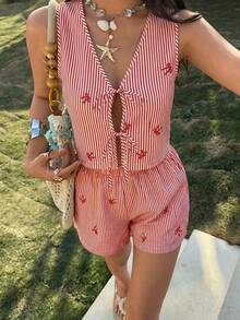 VCAY Set de 2 piezas de top sin mangas con nudo delantero y estampado de rayas y shorts, conjunto informal de verano para mujer - Rojo y blanco - Ver 4