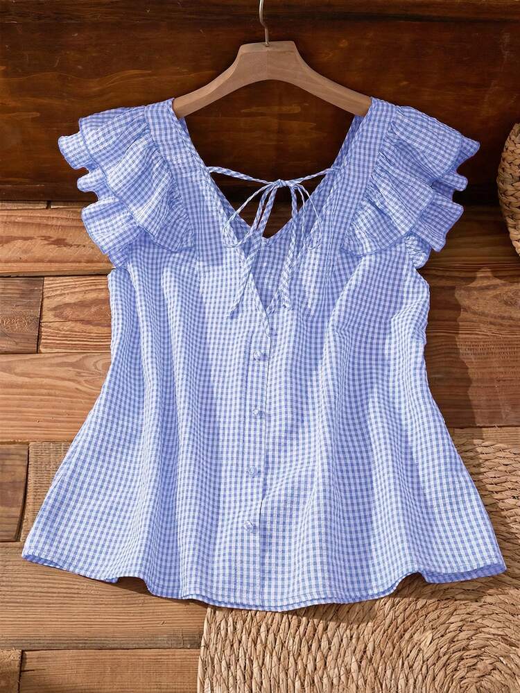 Plus Size Women's Summer Casual Vacation Country  V-Neck Double-Layer Cap Sleeve Blue Plaid Shirt Blouse,Plus Size Women's Summer Casual Vacation Country V-Neck Double Layer Cap Sleeve Plaid Shirt Blouse Top, Vacation,Holiday,Spring,Going Out,2026 New,Simple And Fashionable For Everyday Wear,Back Straps And Button Design Shirt,Casual Vacation Boho Top,Vacation, Daily Wear, Festival Outfits For Women,Country Concert Outfit,Beach Outfits For Women,Western Style