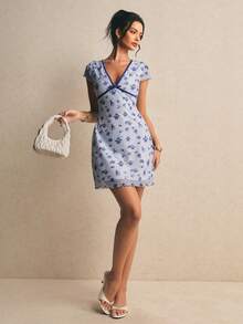 Poéselle Women's Floral Print V-Neck Casual Short Sleeve Mid-Length Dress Summer Dresses For Women Spring Outfits For Women Dresses Picnic Dresses For Women New Arrival Dress For Women Casual - Blue - View 1