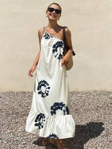 Livesso Vestido sin mangas con cuello asimétrico y estampado total floral para mujeres, vestidos de verano para mujeres - Beis - Ver 4