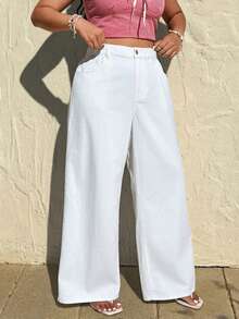 Rivivi Plus Size Women Fashion Casual Active Drawstring Washed Pocket Solid Color Wide Leg Jeans - White - View 5
