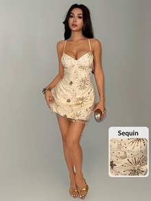 SHEIN PETITE 女士网纱露背系带优雅浪漫性感约会连衣裙，适合晚宴鸡尾酒会、婚礼宾客、假日度假、闺蜜之夜、夜店、晚餐约会等场合，亮片连衣裙 - 米色 - 查看 3