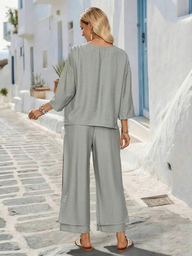 Women's Vacation Solid Color 3/4 Sleeve Shirt And Wide Leg Pants 2 Pieces Set Summer Outfits For Women Casual Sets For Women Vacation Outfits Women Holiday Outfits For Women Summer Holiday Outfits Country Style For Women Two Piece Set Women Summer Two Piece Set 2-Piece Going Out Sets For Women Matching Sets For Women Women's Blouse Set Two Piece Casual Sets