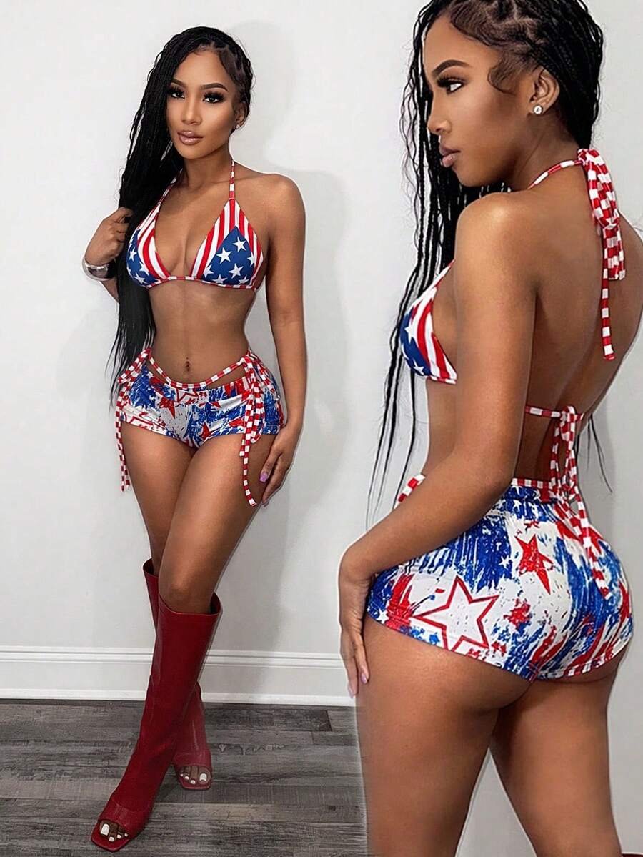 BamGleam Bộ đồ 2 món phong cách Mỹ gợi cảm mùa hè: áo croptop hở lưng buộc cổ và quần short ngắn in họa tiết. - Nhiều màu - Xem 1