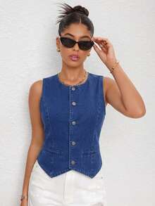 Jeanoix Áo denim không tay cỡ lớn dành cho nữ - Màu xanh lam - Xem 5
