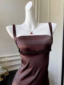 SHEIN EZwear Women Elegant Dark Brown Summer Party Dress,Solid Cami Spaghetti Strap Bodycon Mini Dress,High Quality Strappy Tube One Piece Dress - Chocolate Brown - View 3