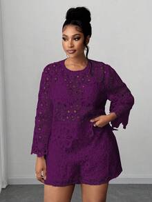 Maweii Plus Size Solid Color Round Neck Hollow Casual Blouse - Purple - View 4