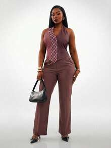 Radiana Plus Size Women's Chocolate Brown Summer Smart Casual Stripe Tie Collar Vest, Halter Neck Corset Top, Office Siren Business Work Tops, Vintage Chic - Multicolor - View 8