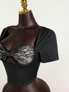 SaltGleam SaltGleam Áo thun crop top nữ gợi cảm phối ren, khoét lỗ, thích hợp cho mùa hè. - màu đen - Xem 4