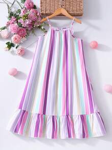 SHEIN Vestido de verano casual y lindo estilo coreano para niñas, vestido de verano coreano elegante y encantador para niños, hecho de tela tejida con estampado de rayas de colores - Morado - Ver 2