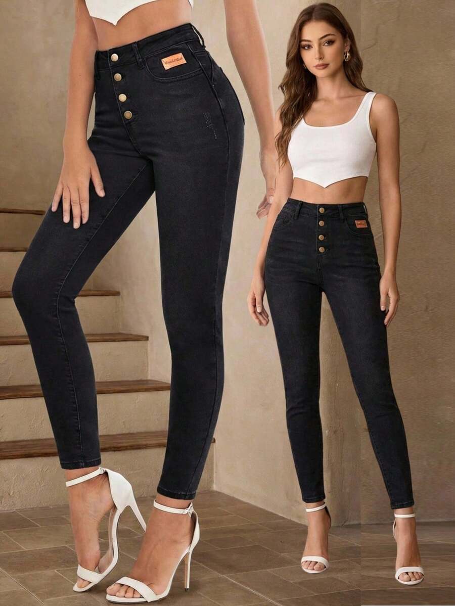 Selenza Jeans de mezclilla casuales y versátiles con bolsillos y botones para mujer - Azul lavado oscuro - Ver 1