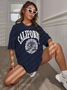 Almamuse Tricou de vară pentru femei, croială lejeră, casual, cu imprimeu cu litere, guler rotund și mâneci lungi cu umeri căzuți, grafic, topuri pentru femei - Albastru marin - Vizualizare 3