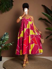 Maweii Women's Summer Spaghetti Strap Geometric Print A-Line Dress, Plus Size, Casual Vacation, Daily, Romantic Elegant, Party Wear - Multicolor - View 5