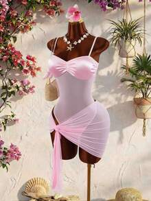 Amplova Bộ đồ bơi liền thân 2 mảnh dành cho nữ kèm áo khoác ngoài, kiểu dáng gợi cảm, màu hồng quyến rũ. - Hồng - Xem 3